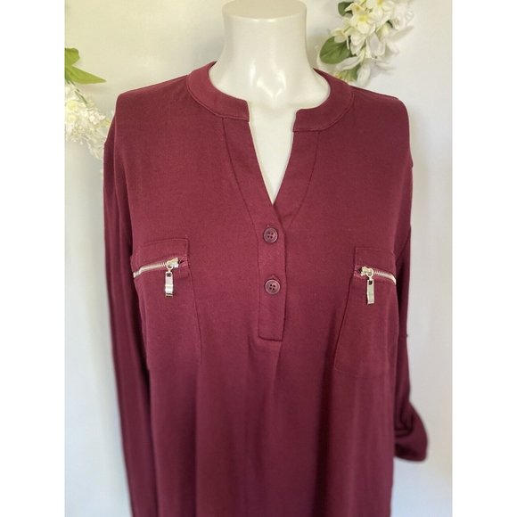 Siddhe Tunic Top Button Front V Neck 3/4 Rolled Long Sleeve Zip Burgundy 2XL NWT - Picture 3 of 16